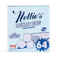 A box of Nellie's Laundry Cubes unscented, featuring a light blue packaging design with navy blue text and illustrations of white detergent cubes and a stack of towels.
