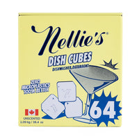 A box of Nellie's Dish Cubes Unscented dishwasher detergent. The packaging is pale yellow with dark blue text and illustrations of dish cubes and a martini glass, with a blue starburst showing the number 64.