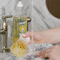 A close-up lifestyle shot of a person washing a blue and white patterned ceramic plate under running water from a faucet. A bottle of One Soap and Nellie's Kitchen Brush. 