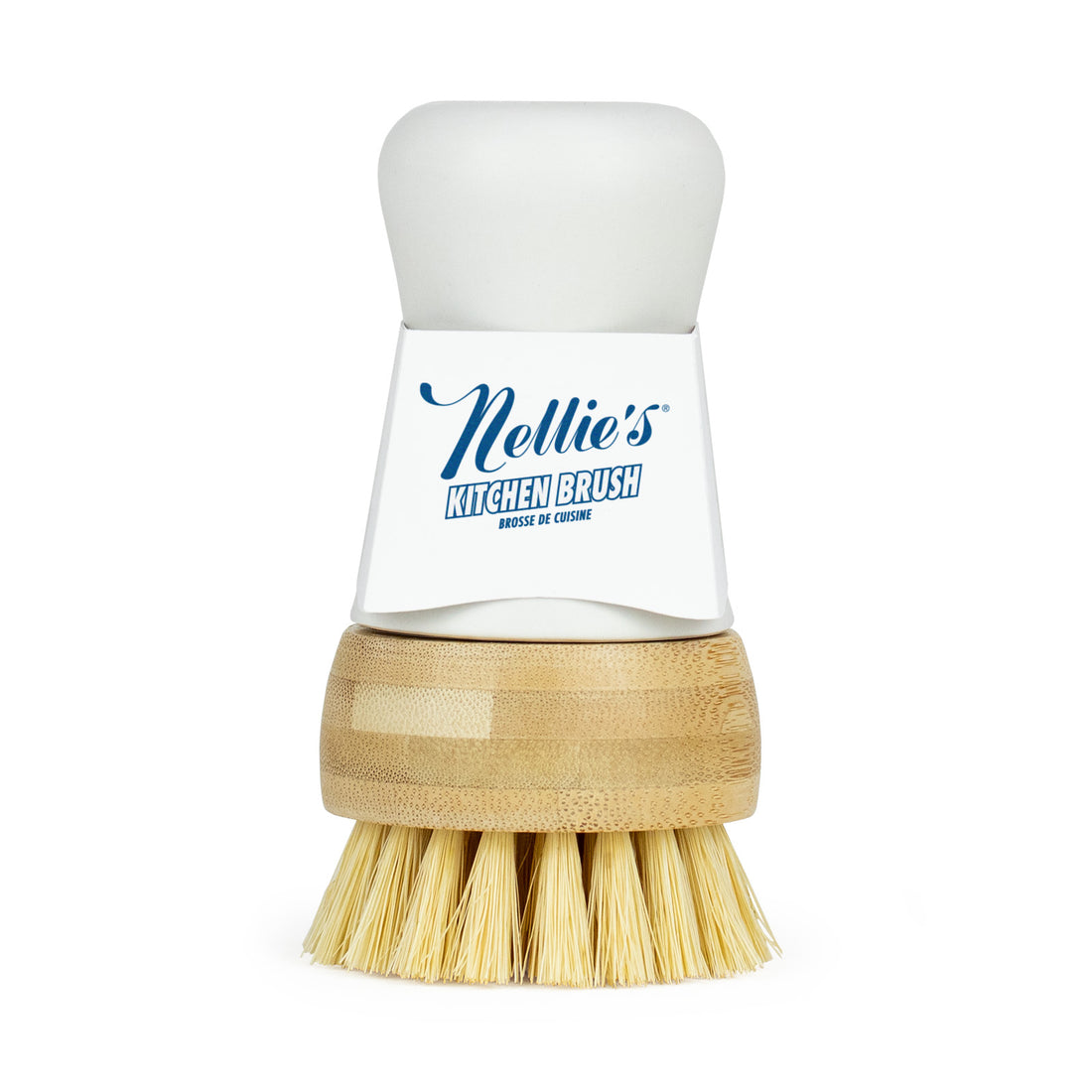 Nellie's Kitchen Brush with wooden handle and white bristles on a white background, branded 'Nellie's Kitchen Brush'.